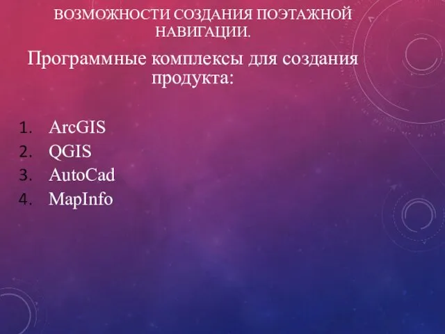 ВОЗМОЖНОСТИ СОЗДАНИЯ ПОЭТАЖНОЙ НАВИГАЦИИ. Программные комплексы для создания продукта: ArcGIS QGIS AutoCad MapInfo