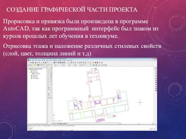 СОЗДАНИЕ ГРАФИЧЕСКОЙ ЧАСТИ ПРОЕКТА Прорисовка и привязка была произведена в программе