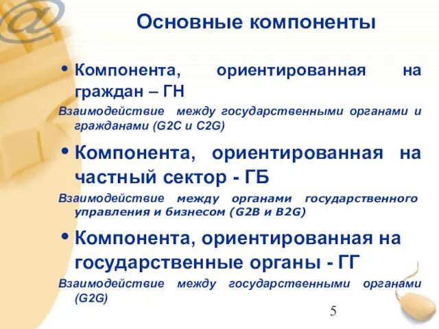 Основные компоненты Компонента, ориентированная на граждан – ГН Взаимодействие между государственными