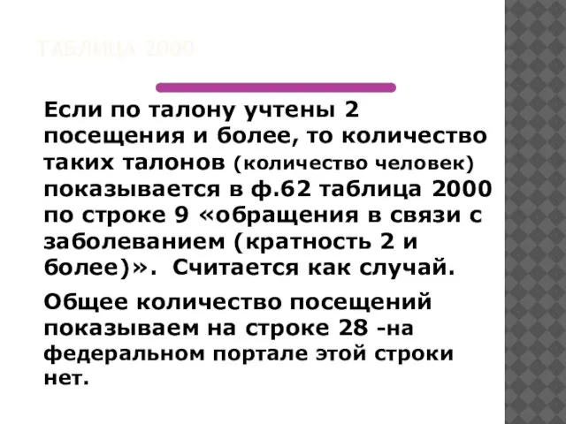 ТАБЛИЦА 2000 Если по талону учтены 2 посещения и более, то