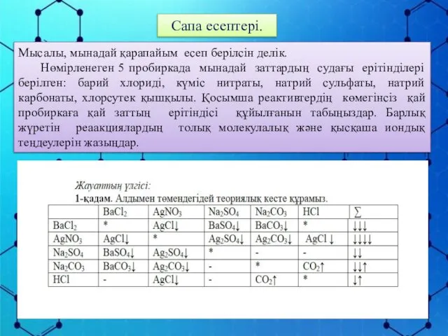 Сапа есептері. Мысалы, мынадай қарапайым есеп берілсін делік. Нөмірленеген 5 пробиркада