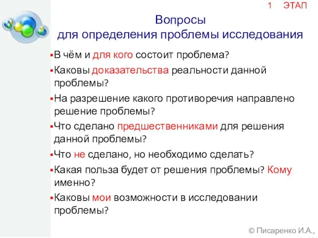 © Писаренко И.А., 2015 ЭТАП Вопросы для определения проблемы исследования В