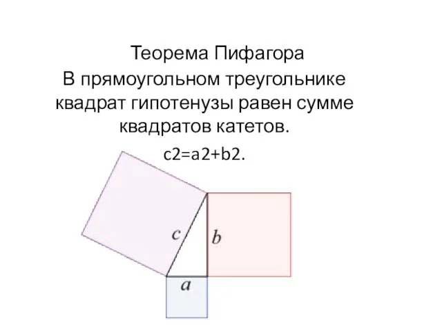 Теорема Пифагора В прямоугольном треугольнике квадрат гипотенузы равен сумме квадратов катетов. c2=a2+b2. c2=a2+b2.