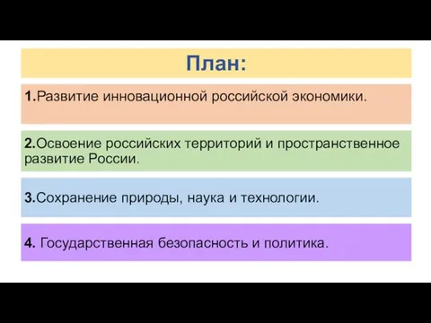 1.Развитие инновационной российской экономики. План: 2.Освоение российских территорий и пространственное развитие