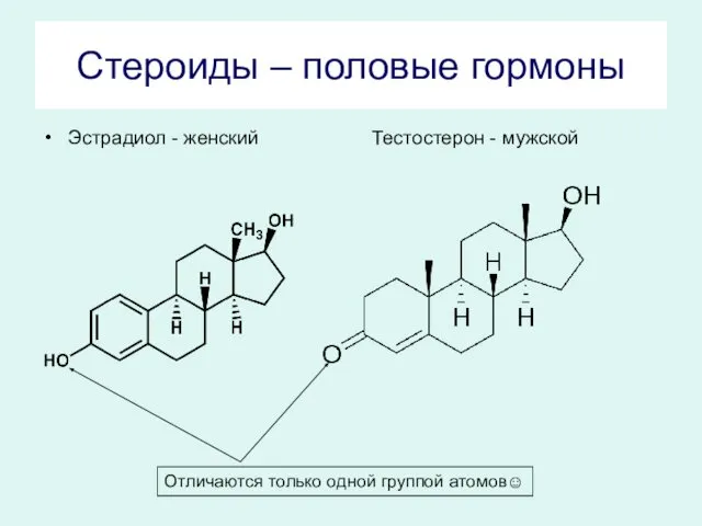 Стероиды – половые гормоны Эстрадиол - женский Тестостерон - мужской Отличаются только одной группой атомов☺