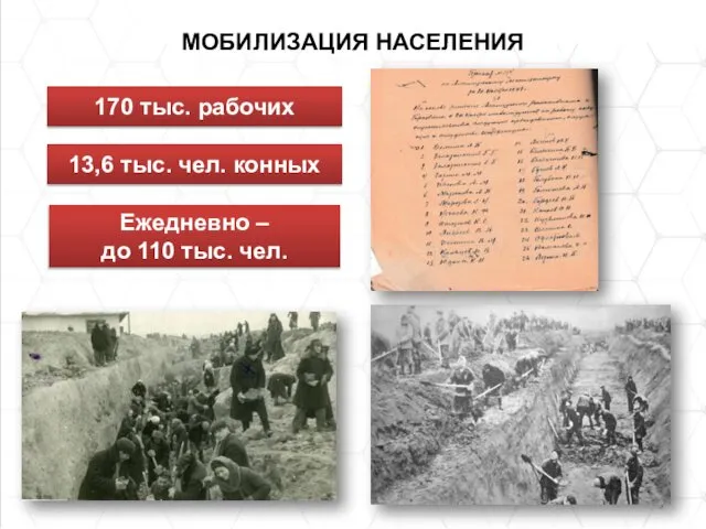 МОБИЛИЗАЦИЯ НАСЕЛЕНИЯ 170 тыс. рабочих 13,6 тыс. чел. конных Ежедневно – до 110 тыс. чел.