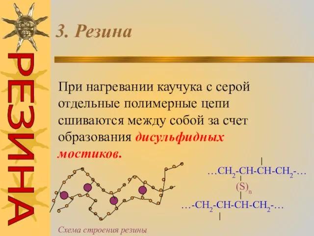 3. Резина При нагревании каучука с серой отдельные полимерные цепи сшиваются