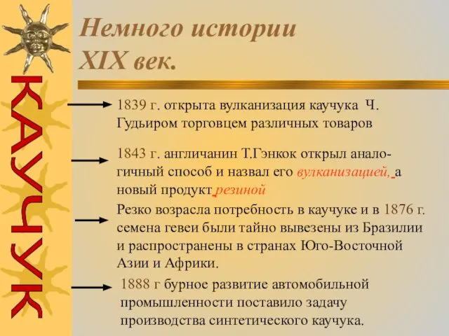 Немного истории XIX век. КАУЧУК 1839 г. открыта вулканизация каучука Ч.