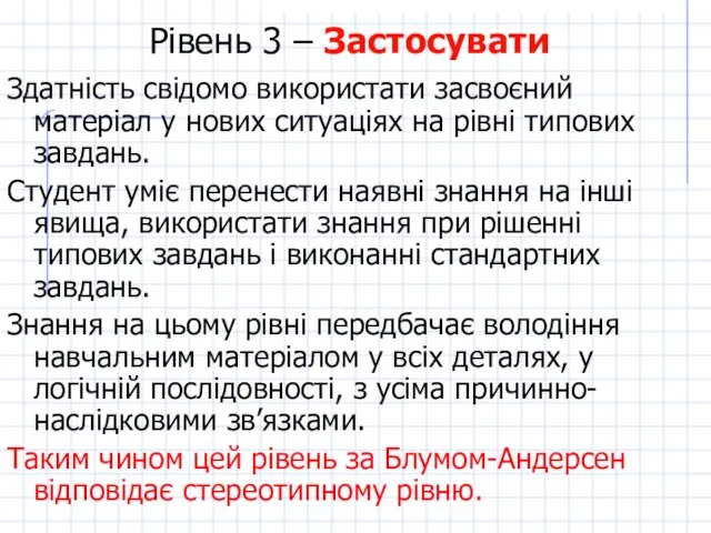 Рівень 3 – Застосувати Здатність свідомо використати засвоєний матеріал у нових