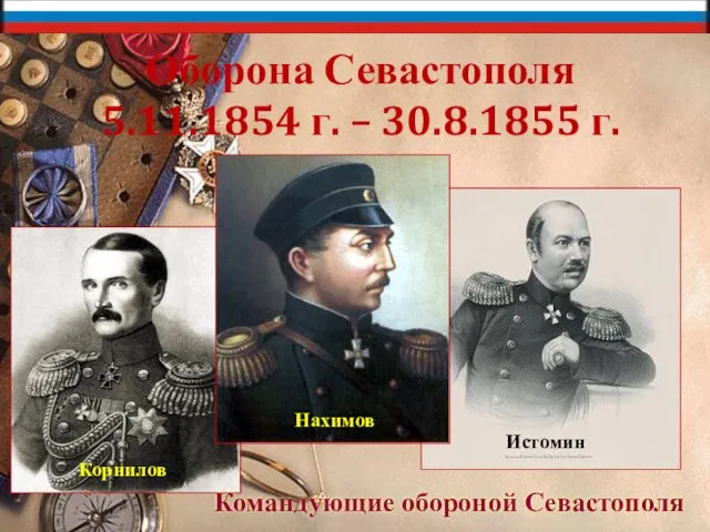 Оборона Севастополя 5.11.1854 г. – 30.8.1855 г. Корнилов Нахимов Истомин Командующие обороной Севастополя