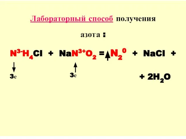 Лабораторный способ получения азота : N3-H4CI + NaN3+O2 = N20 +