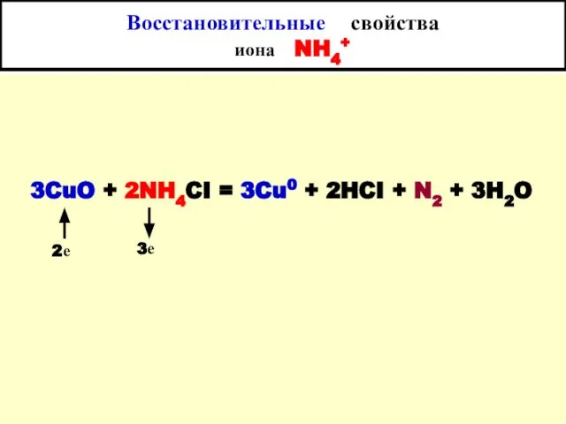 Восстановительные свойства иона NH4+ 3CuO + 2NH4CI = 3Cu0 + 2HCI