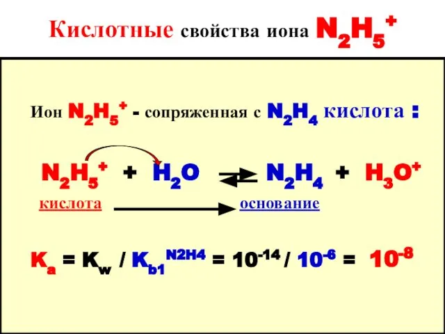 Кислотные свойства иона N2H5+ Ион N2H5+ - сопряженная с N2H4 кислота