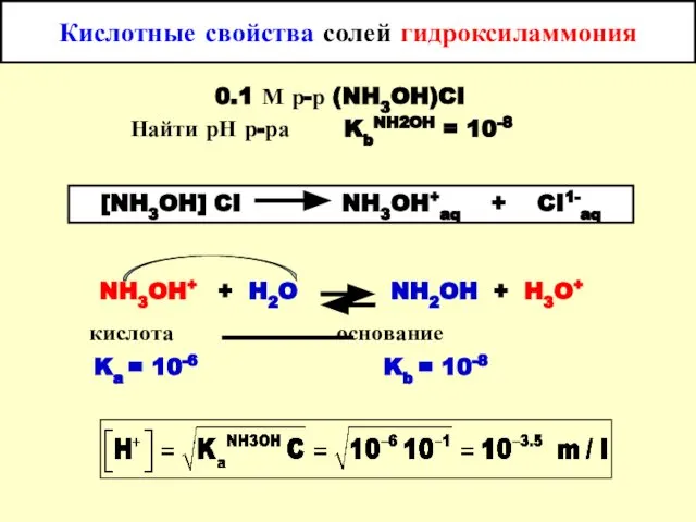 Кислотные свойства солей гидроксиламмония 0.1 М р-р (NH3OH)CI Найти рН р-ра