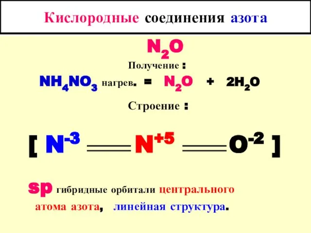 Кислородные соединения азота N2O Получение : NH4NO3 нагрев. = N2O +