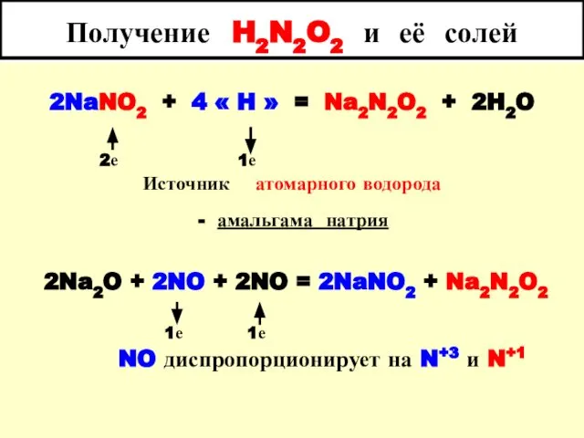 Получение H2N2O2 и её солей 2NaNO2 + 4 « H »