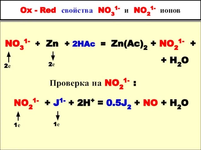 Ox - Red свойства NO31- и NO21- ионов NO31- + Zn