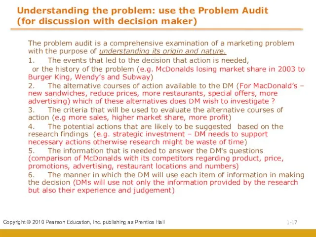 Understanding the problem: use the Problem Audit (for discussion with decision