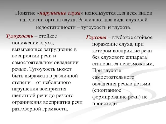 Понятие «нарушение слуха» используется для всех видов патологии органа слуха. Различают