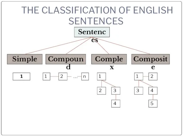 THE CLASSIFICATION OF ENGLISH SENTENCES Sentences Composite Complex Compound Simple 1