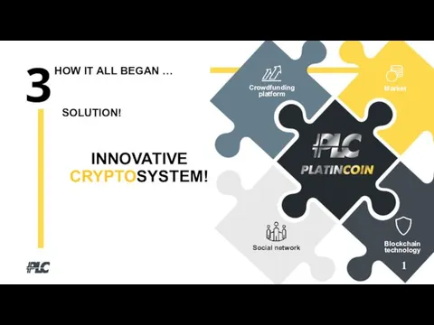 1 SOLUTION! INNOVATIVE CRYPTOSYSTEM! Crowdfunding platform Market Blockchain technology Social network HOW IT ALL BEGAN …