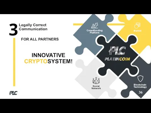 36 FOR ALL PARTNERS Legally Correct Communication INNOVATIVE CRYPTOSYSTEM! Crowdfunding Platform Market Blockchain Technology Social Network