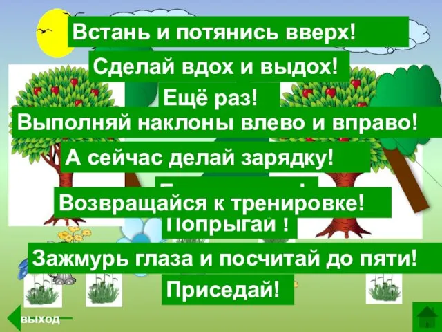 А сейчас делай зарядку! Встань и потянись вверх! Выполняй наклоны влево