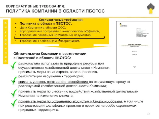 КОРПОРАТИВНЫЕ ТРЕБОВАНИЯ: ПОЛИТИКА КОМПАНИИ В ОБЛАСТИ ПБОТОС Обязательства Компании в соответствии