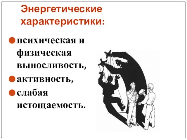 Энергетические характеристики: психическая и физическая выносливость, активность, слабая истощаемость.