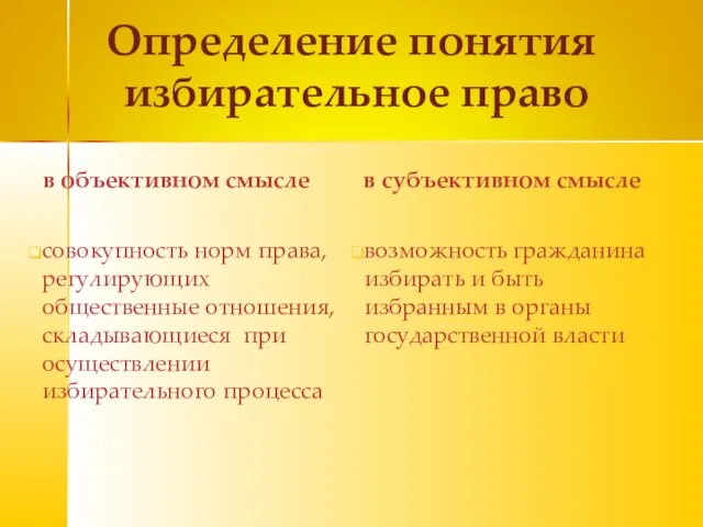 Определение понятия избирательное право в объективном смысле совокупность норм права, регулирующих