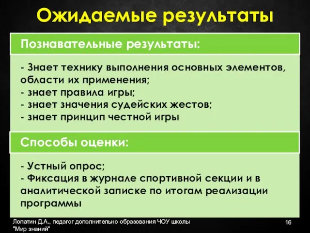 Лопатин Д.А., педагог дополнительно образования ЧОУ школы "Мир знаний" Ожидаемые результаты