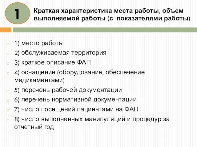 Краткая характеристика места работы, объем выполняемой работы (с показателями работы) 1