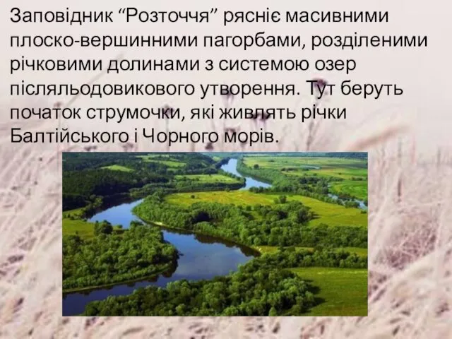 Заповідник “Розточчя” рясніє масивними плоско-вершинними пагорбами, розділеними річковими долинами з системою