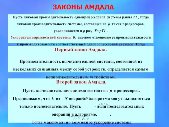 ЗАКОНЫ АМДАЛА Пусть пиковая производительность однопроцессорной системы равна Т1 , тогда