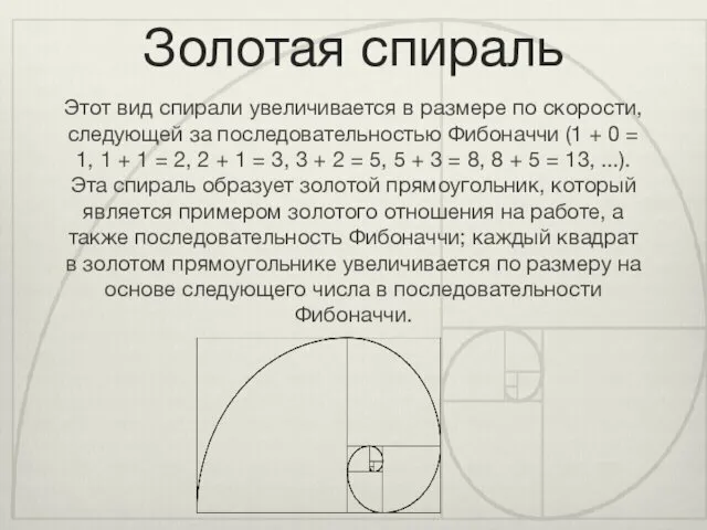 Золотая спираль Этот вид спирали увеличивается в размере по скорости, следующей