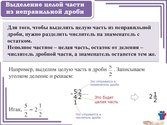 Задание 1 Выделение целой части из неправильной дроби Для того, чтобы