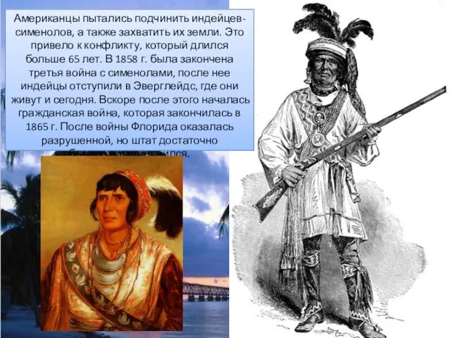 Американцы пытались подчинить индейцев-сименолов, а также захватить их земли. Это привело