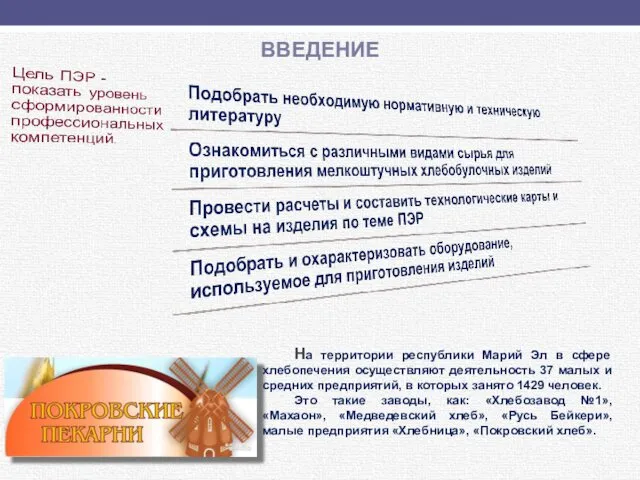 ВВЕДЕНИЕ На территории республики Марий Эл в сфере хлебопечения осуществляют деятельность