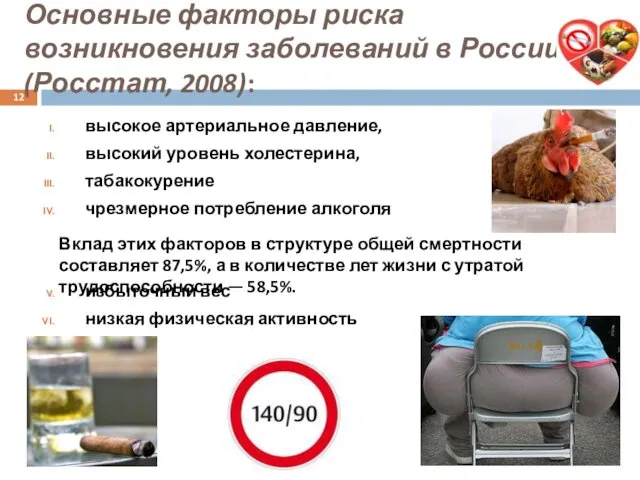 Основные факторы риска возникновения заболеваний в России (Росстат, 2008): высокое артериальное