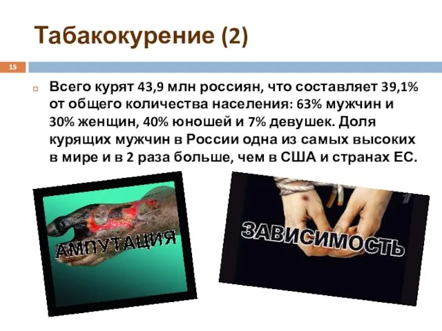 Табакокурение (2) Всего курят 43,9 млн россиян, что составляет 39,1% от