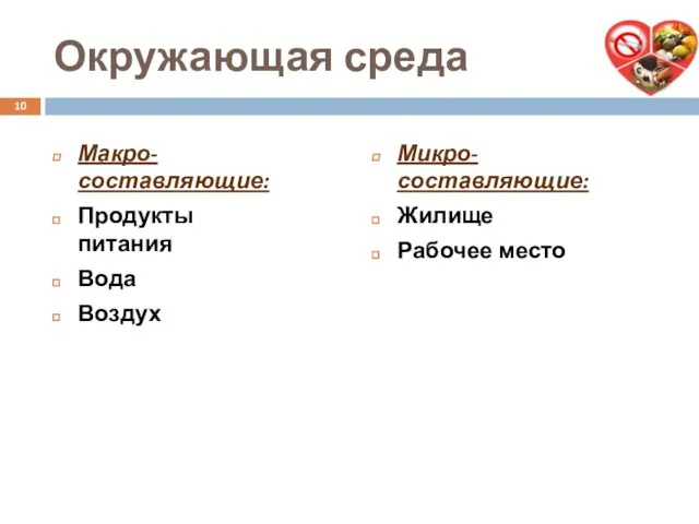 Окружающая среда Макро-составляющие: Продукты питания Вода Воздух Микро- составляющие: Жилище Рабочее место