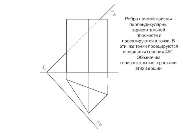 Ребра прямой призмы перпендикулярны горизонтальной плоскости и проектируются в точки. В