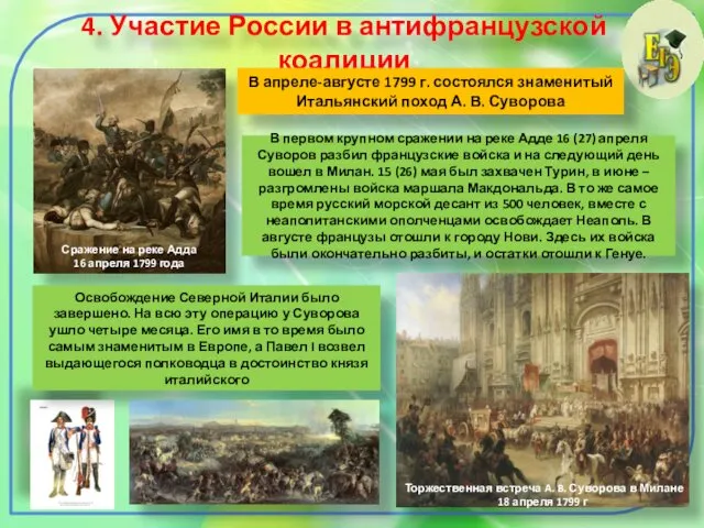 4. Участие России в антифранцузской коалиции В апреле-августе 1799 г. состоялся