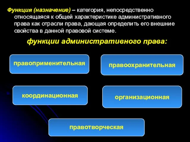 Функция (назначение) – категория, непосредственно относящаяся к общей характеристике административного права