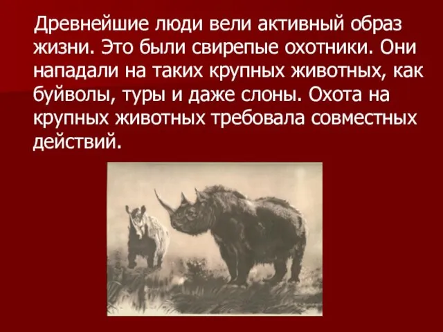 Древнейшие люди вели активный образ жизни. Это были свирепые охотники. Они