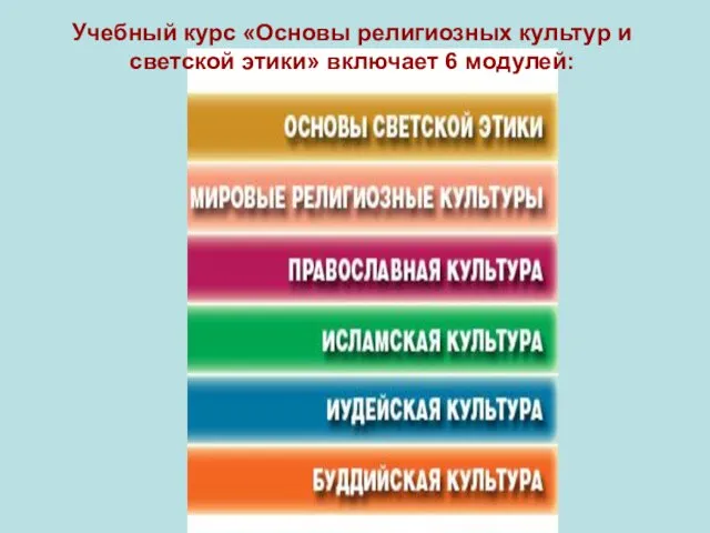 Учебный курс «Основы религиозных культур и светской этики» включает 6 модулей: