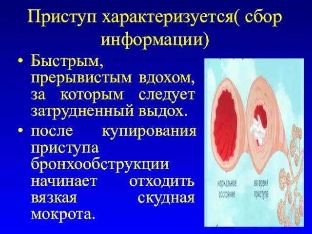 Приступ характеризуется( сбор информации) Быстрым, прерывистым вдохом, за которым следует затрудненный