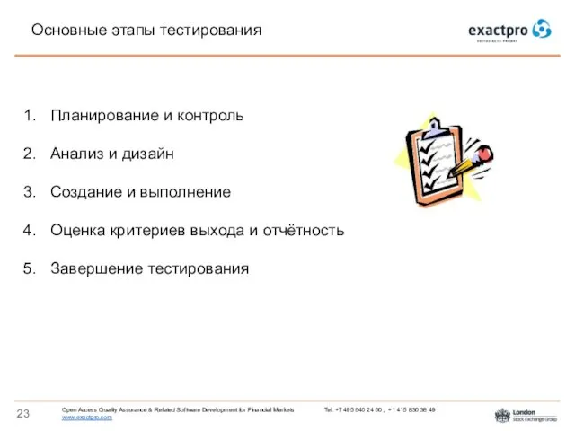 Основные этапы тестирования Планирование и контроль Анализ и дизайн Создание и