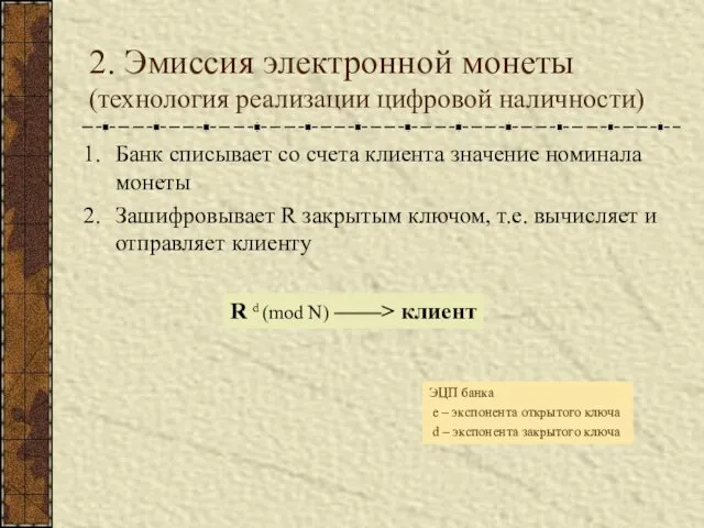 2. Эмиссия электронной монеты (технология реализации цифровой наличности) Банк списывает со