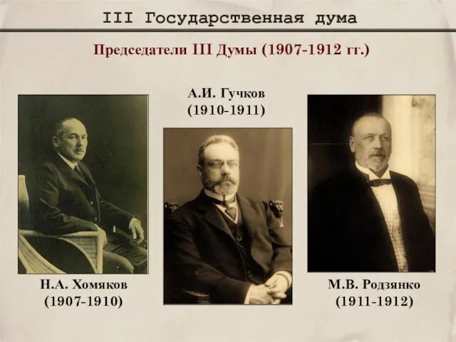 III Государственная дума Председатели III Думы (1907-1912 гг.) Н.А. Хомяков (1907-1910)